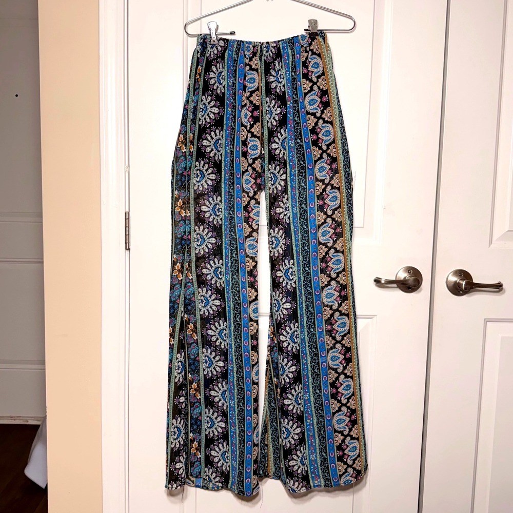 Love Tree Boho Paisley Wide Leg Pants Elastic Waist Festival Multi Color Large